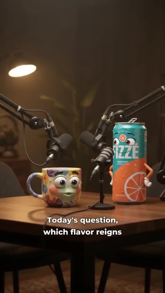 Talking-object video featuring a coffee mug and a drink can
